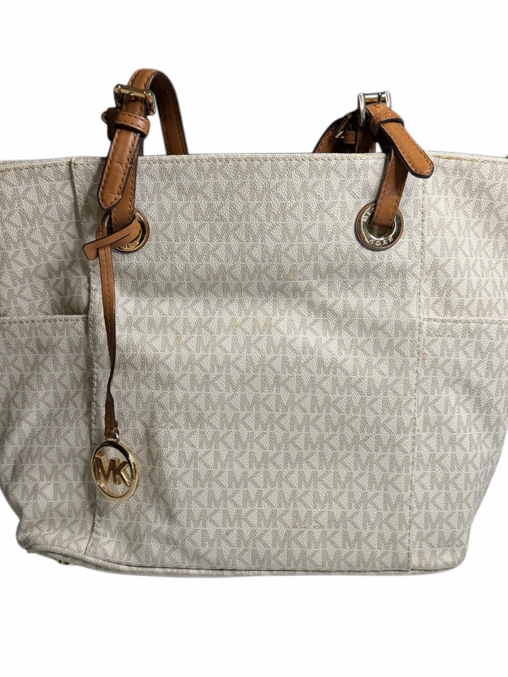 Michael Kors Jet Set Large Tote Bag Vanilla MK Signature PVC Leather Trim